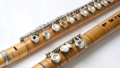 Naklejka premium Two antique, light brown wooden flutes, detailed with silver metal keys and markings, displayed against a white background.