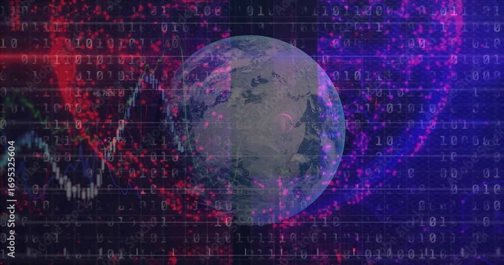 Aufkleber rotating earth globe showing data streams in tech grid, with binary code and red clusters