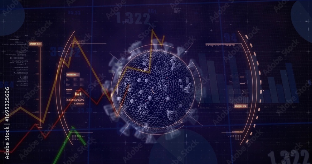 Aufkleber displaying wireframe sphere pulsing in data dashboard, including particle shapes, numeric overlays