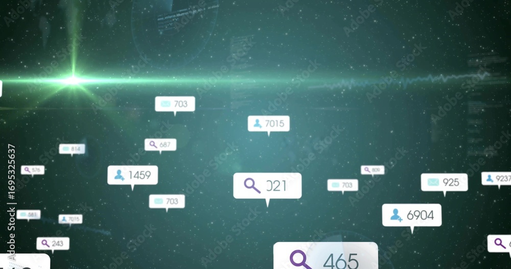 Aufkleber floating notification bubbles displaying search envelope user icons in green starfield, with counts