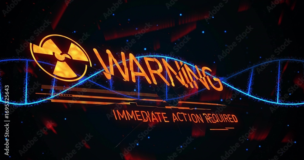 Aufkleber showing warning interface flashing radiation symbol in hologram with dna helix and red sparks