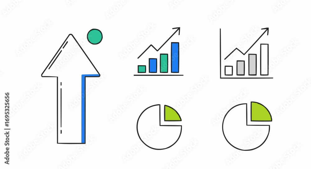 Aufkleber growth chart analysis diagram with arrow, bar graph and pie chart for business presentation and repo