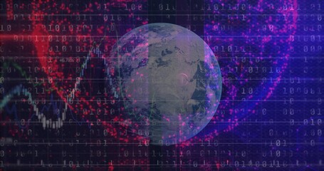 Rotating Earth globe showing data streams in tech grid, with binary code and red clusters