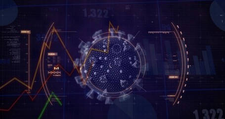 Displaying wireframe sphere pulsing in data dashboard, including particle shapes, numeric overlays