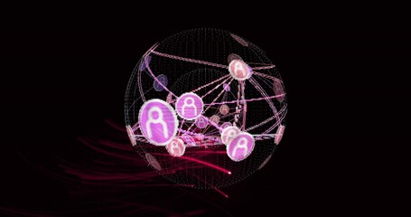 Glowing digital wireframe globe spinning in cyberspace, with floating profile icons, network lines