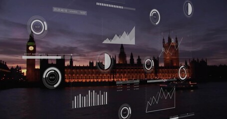 Displaying illuminated Houses of Parliament and Big Ben on Thames at dusk, with data overlays