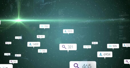 Floating notification bubbles displaying search envelope user icons in green starfield, with counts