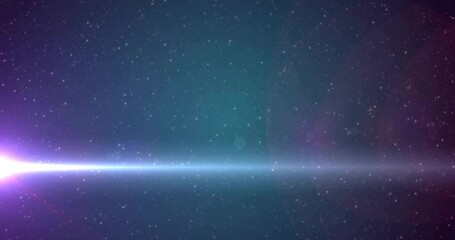 Shining bright horizontal light beam stretching across outer space, with lens flare and starfield