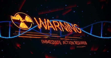 Showing warning interface flashing radiation symbol in hologram with DNA helix and red sparks