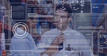 Analyzing colleagues studying transparent data interface in tech lab, with holographic data panels