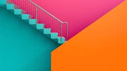 Vivid architectural staircase against bold geometric background with bright orange, teal, and pink color blocks, creating abstract modern minimal design and perfect backdrop wallpaper concept