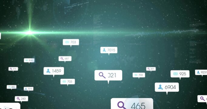 Floating notification bubbles displaying search envelope user icons in green starfield, with counts