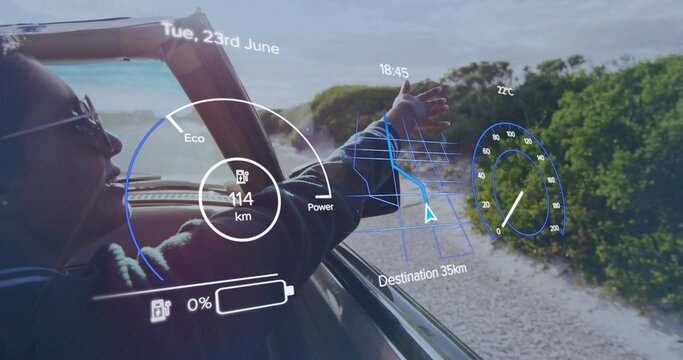 Leaning out window, woman reaching into breeze in sunglasses on coastal road, HUD gauge, copy space - Powered by Adobe