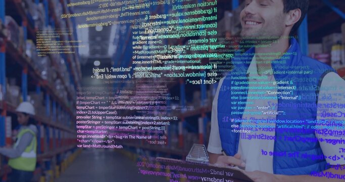 Checking male warehouse worker wearing vest holding clipboard and pen in aisle, with code overlay - Powered by Adobe