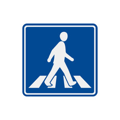 Official blue and white road sign, featuring a clear pictogram of a pedestrian crossing, symbolizing a designated safe passage for walkers