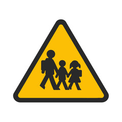 Prominent yellow triangular warning sign cautioning drivers about children crossing or a school zone ahead, emphasizing the need for increased road safety