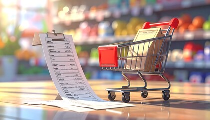 Grocery shopping list in a shopping cart