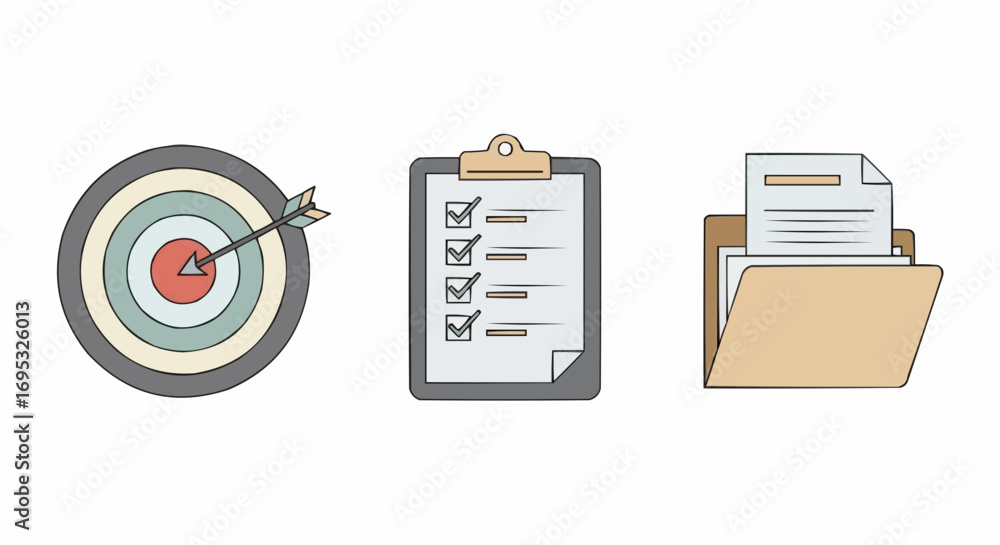 Aufkleber target goals checklist and document management for business planning strategy and project management