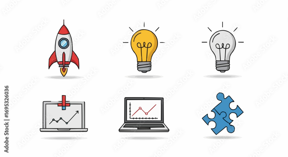 Aufkleber startup business concept with rocket launch, idea lightbulb, laptop with graph and puzzle elements v