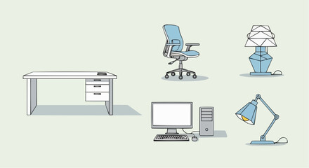 Illustration of office desk computer chair and lamps for interior design and workplace organization ideas vector