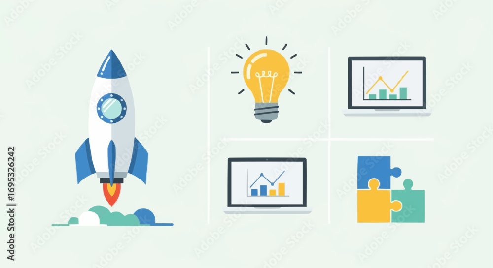Aufkleber startup business concept with rocket launch, light bulb idea, data analysis and puzzle solving for s