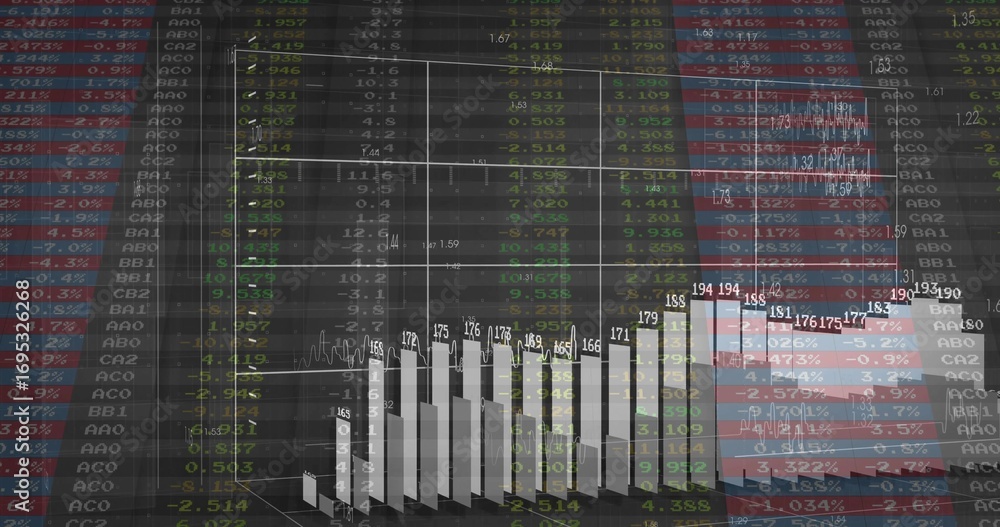 Aufkleber displaying 3d bar chart rising on wireframe grid in virtual dashboard, with green red data columns