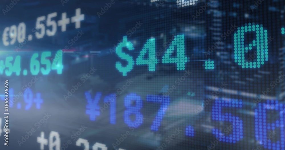 Poster displaying led ticker screen showing currency values on trading floor glass with currency symbols