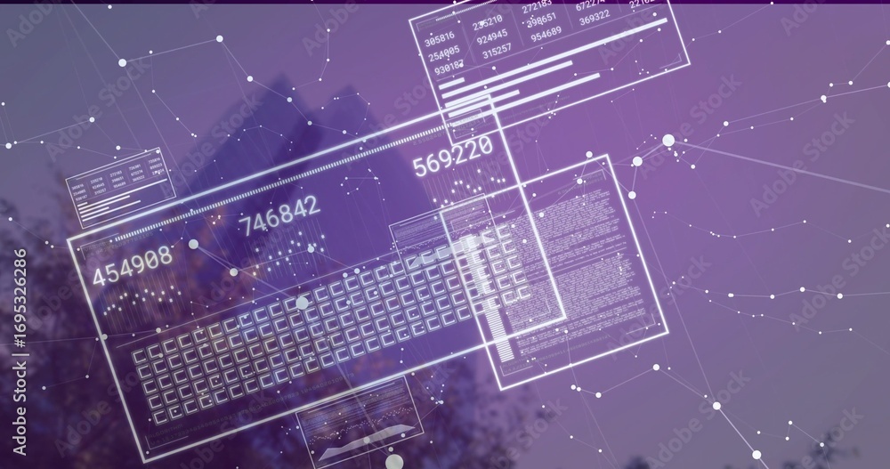 Fototapete floating digital interface over treetops against violet sky, with keyboard grid and numeric panels