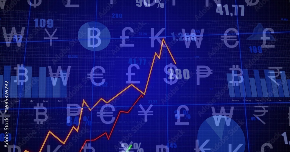 Poster dashboard displaying rising orange and red graphs on screen, with bars, pie chart, currency symbols