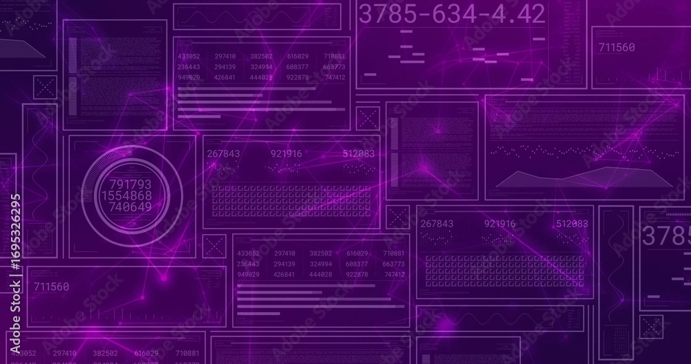 Poster displaying purple translucent panels in virtual interface, showing code blocks, data charts