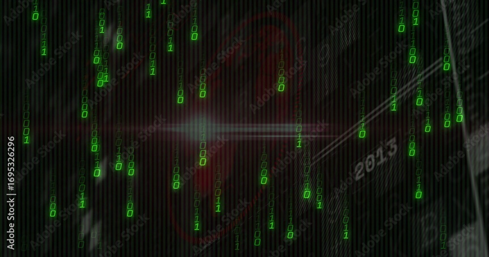 Poster cascading green binary streams flooding code background, with red circuit design and 2015 text