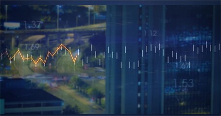 Displaying chart overlaying intersection and office tower, with yellow line graph and candlesticks