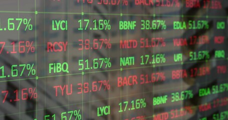 Displaying ticker overlay on glass panel in trading room, with symbols, percentages and monitors