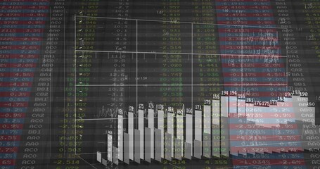 Displaying 3D bar chart rising on wireframe grid in virtual dashboard, with green red data columns