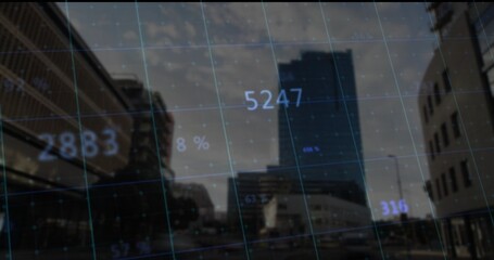 Rising skyscraper reflecting city lights on city street, with blue grid and floating numeric data