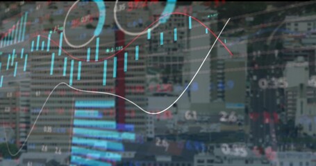 Overlaying financial charts on city skyline, showing candlesticks, line graphs and numeric data
