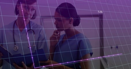 Two clinicians reviewing clipboard and wearing stethoscope in hospital, digital analytics overlay