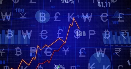 Dashboard displaying rising orange and red graphs on screen, with bars, pie chart, currency symbols