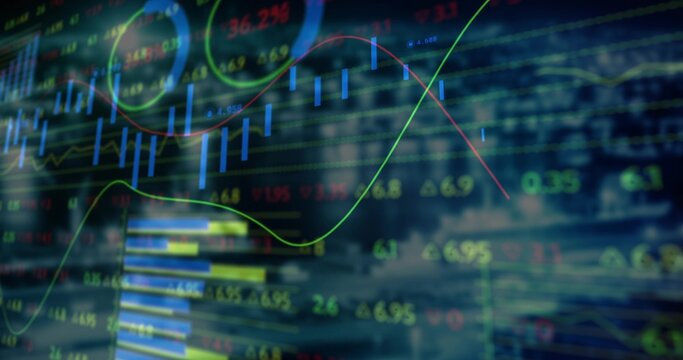 Silhouette analyst scanning digital display in office, with financial charts and tickers