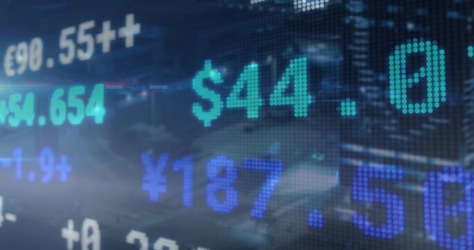 Displaying LED ticker screen showing currency values on trading floor glass with currency symbols