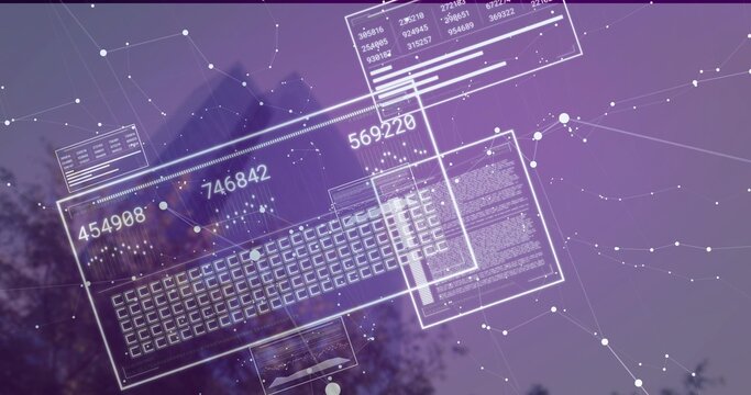 Fototapeta Floating digital interface over treetops against violet sky, with keyboard grid and numeric panels