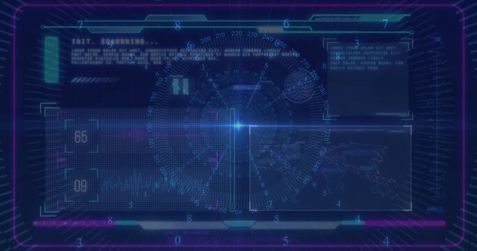 Displaying HUD interface featuring radar on grid backdrop, with numeric scales and map silhouette - Powered by Adobe
