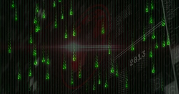 Cascading green binary streams flooding code background, with red circuit design and 2015 text