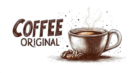 Obraz premium Original coffee cup illustration with steam and beans offering a comforting beverage