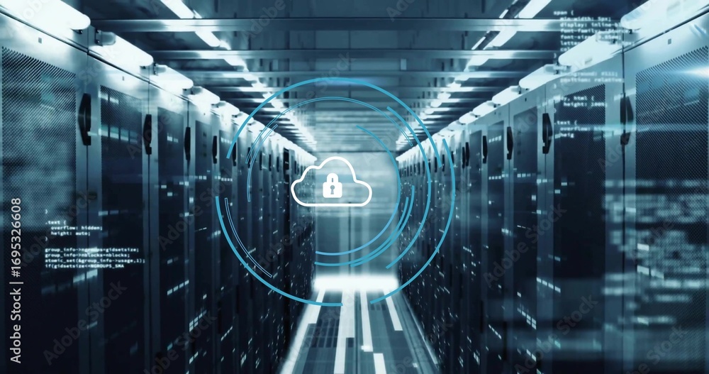 Aufkleber displaying blue circular overlay with cloud lock icon in data center corridor with server racks