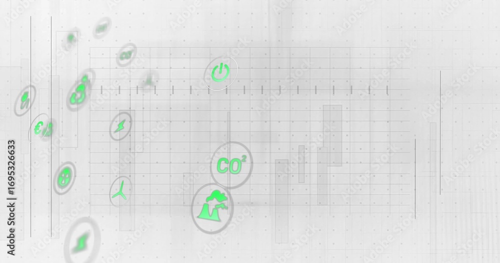 Poster displaying interface showing neon green, gray energy icons over faint grid with panel outlines
