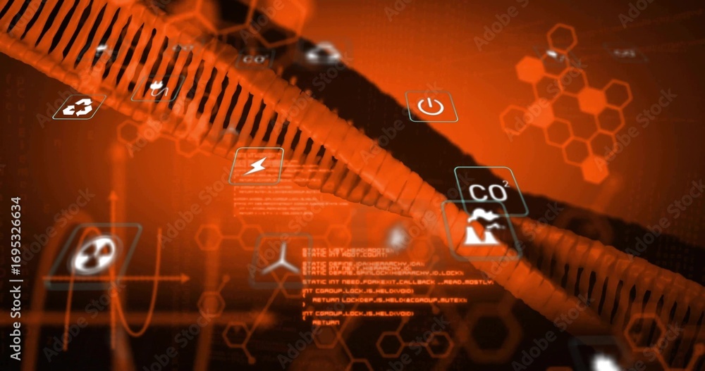 Poster displaying two orange helical tubes floating in digital simulation, with recycling and power icons