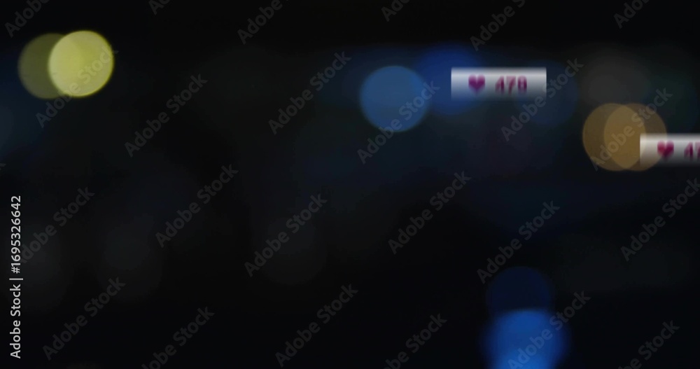 Poster floating notification box displaying heart count over dark abstract bokeh background, copy space