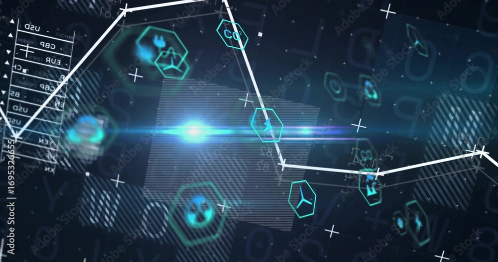 Aufkleber polyline graph showing glowing nodes and hexagonal icons in ui, with currency panel