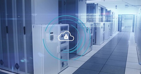 Displaying cloud lock overlay on server racks in server room aisle, with raised tiles under lights